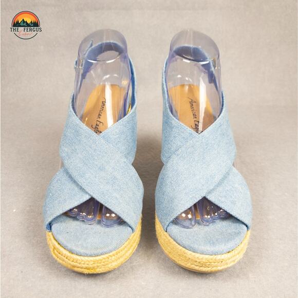NWT American Eagle Wedges Espadrille Heels Denim Canvas Ankle Strap Women's 8 - Picture 2 of 11